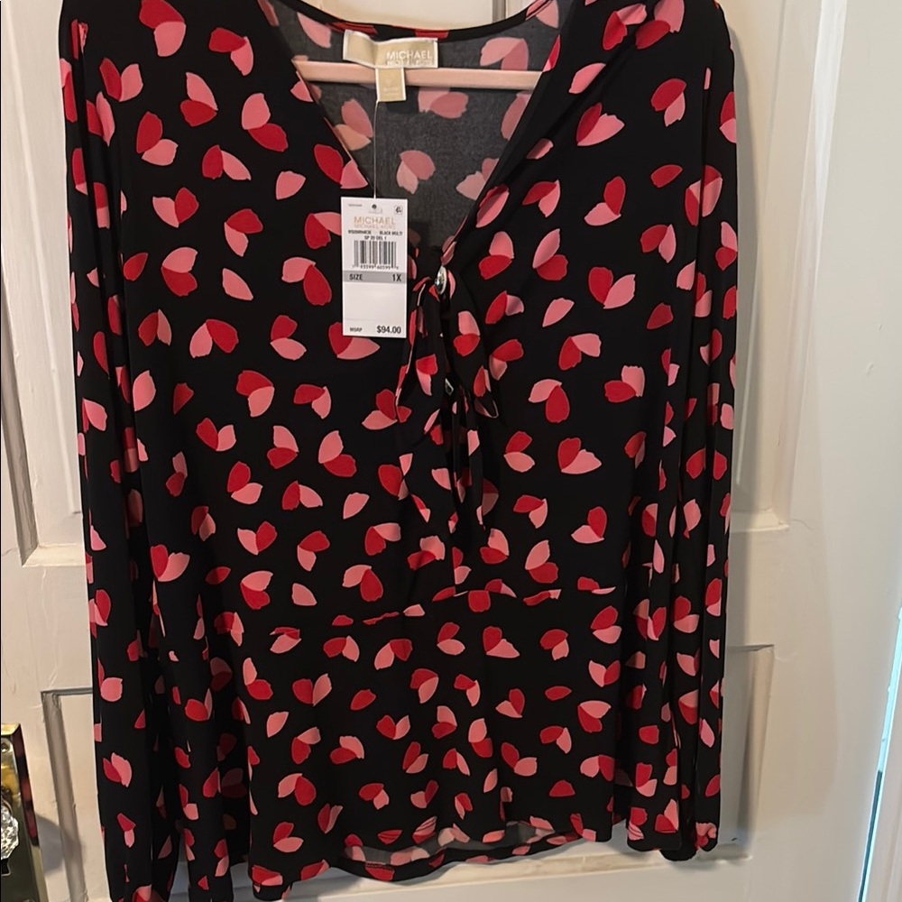 Michael Kors Black and Red Tie Front Blouse